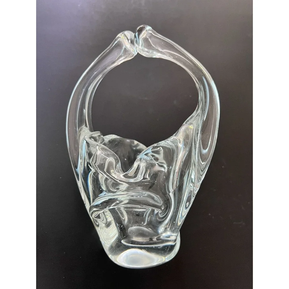 Vtg Hand Blown Clear‎ Glass Basket Split Handle Candy Dish Ashtray 7.5